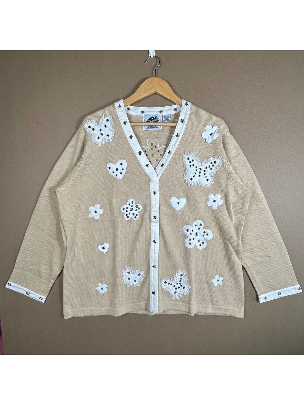 Storybook Knits Grandmacore Tan Knit Cardigan Sweater Floral Heart Embroidery